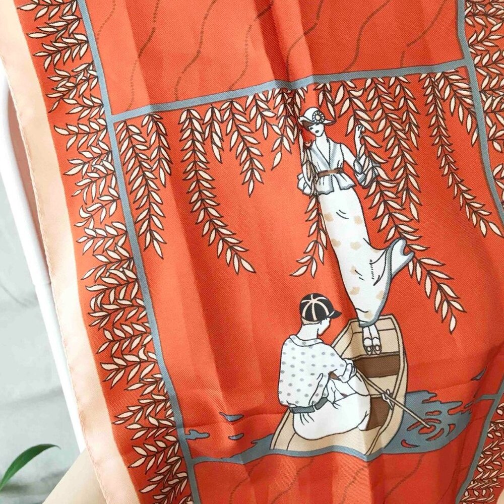 Vintage ladies print rectangle scarf in orange